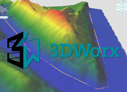 Représentation topographique 3D colorée montrant des montagnes et vallées, avec le logo géométrique noir et cyan et l'inscription 3DWorx.