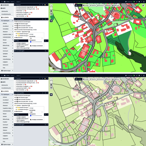 Zweifenster-GIS-Ansicht: Oben eine Karte mit grünen Feldern, roten Gebäuden und grauen Straßen; unten eine Karte mit beigefarbenen Gebäuden und grauen Straßen.