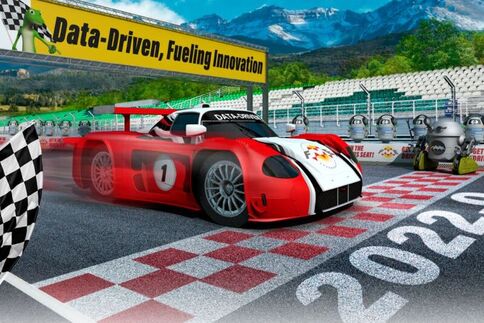 Ein rotes Rennauto steht am Start-/Ziellbereich einer Rennstrecke, vor einem Checkered-Flag-Muster. Über der Strecke hängt ein Banner mit 'Data-Driven, Fueling Innovation'. Im Hintergrund Bergkulisse und Tribünen; unten das World Tour 2022-Logo.