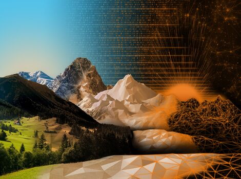 Eine Landschaft mit grünen Wäldern und hohen Bergen links, während rechts geometrische orange Linien und Netze eine digitale Struktur bilden und einen Sonnenaufgang hinter den Gipfeln beleuchten – Symbol für Natur trifft Technologie.