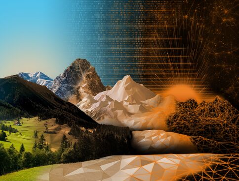 Eine Landschaft mit grünen Wäldern und hohen Bergen links, während rechts geometrische orange Linien und Netze eine digitale Struktur bilden und einen Sonnenaufgang hinter den Gipfeln beleuchten – Symbol für Natur trifft Technologie.