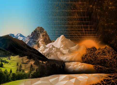 Eine Landschaft mit grünen Wäldern und hohen Bergen links, während rechts geometrische orange Linien und Netze eine digitale Struktur bilden und einen Sonnenaufgang hinter den Gipfeln beleuchten – Symbol für Natur trifft Technologie.