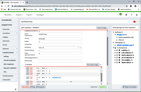 Bildschirmansicht einer Rohrinspektion-Software. Im Mittelpunkt ein Inspektionsformular mit Feldern für Name (Mustermann), Uhrzeit, Wetter, Temperatur, Reinigung und Zustand. Rechts Verknüpfungen zu Aufträgen, unten Schaltflächen zum Speichern, Abbrechen oder Löschen; links Menüleiste.