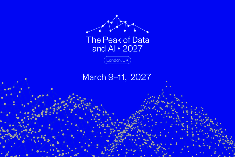 Blaues Bannerbild mit einer weißen vernetzten Punkt-Linien-Grafik am unteren Rand. In der Mitte steht The Peak of Data and AI 2027, darunter London, UK und March 9–11, 2027.
