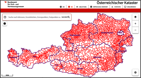 Karte von Österreich mit vielen roten Parzellen- und Grenzlinien; Blau markiert Gewässer.