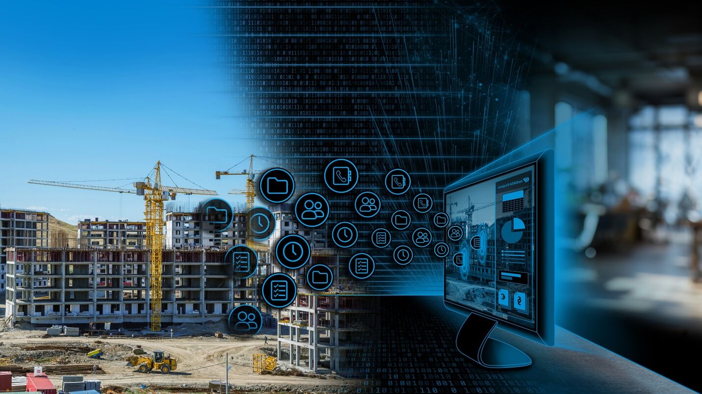Baustelle mit Kränen, Gerüsten und Rohbauten; rechts ein Computerbildschirm zeigt eine digitale Bauoberfläche mit Symbolen und Verbindungen, die den Einsatz von BIM und der Baustellenüberwachung darstellen.
