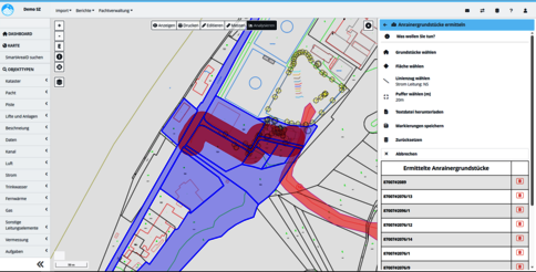 Im Kartenmodus “Analysieren” berechnen Sie mit dem neuen Befehl “Anrainergrundstücke ermitteln” Anrainergrundstücken über die Karte in rmDATA Smart Area