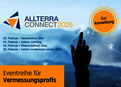 Banner für ALLTERRA CONNECT 2026, eine Vermessungsprofis-Veranstaltungsreihe. Termine im Februar: 23. Reschenhof, Mils; 24. Uebek, Lenzing; 25. Steiermarkhof, Graz; 26. Twelve Conference Center, Wien. Rechts oben ein oranger Kreis mit "Zur Anmeldung".