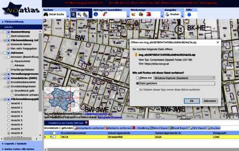 Screenshot einer Desktop-GIS-Anwendung namens NoAtlas. Zeigt eine Kartenansicht mit Parzellen (BW-3WE) und einem Datei-Dialogfenster zum Auswählen oder Öffnen einer Datei; Seitenleiste mit Layern und Symbolleiste oben.