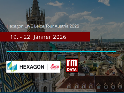 Banner für Hexagon LIVE Leica Tour Austria 2026, 19.–22. Januar 2026, mit Logos von Hexagon, Leica Geosystems und RM Data, vor einer Wiener Stadtansicht.