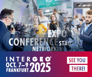 A crowded conference expo with attendees networking and a photographer in the foreground. Prominent overlay text promotes Intergeo 2025 in Frankfurt (October 7–9) and invites viewers with "See you there."
