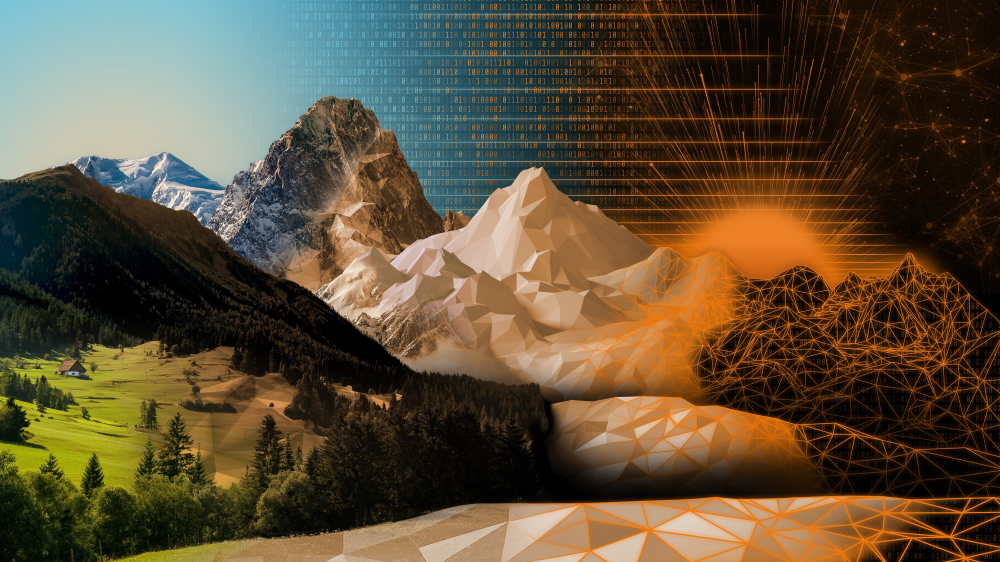 Eine Berglandschaft mit grünen Wiesen und Gipfeln links; in der Mitte realistische Berge, rechts rote, polygonale und netzartige Formen als Symbol für den Übergang von Natur zu Technologie.
