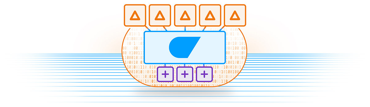 Ein technisches Gerät mit sieben orangefarbenen Warn-Dreiecken oben, einem blauen Display in der Mitte und darunter zwei violette Plus-Tasten.