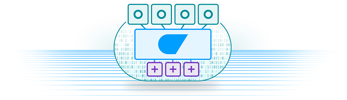 Eine runde, futuristische Bedienkonsole mit zentralem Bildschirm, auf dem ein blaues geometrisches Symbol zu sehen ist. Oben befinden sich mehrere kleine Anzeigen, unten drei lilafarbene Plus-Knöpfe. Hintergrund mit horizontalen blauen Linien.