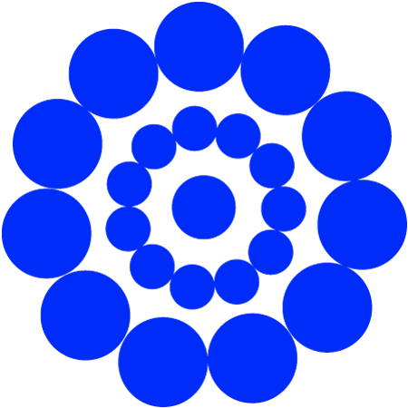 Abstraktes Muster aus blauen Kreisen, die konzentrisch in mehreren Ringen um einen zentralen Kreis angeordnet sind. Die Anordnung erinnert an eine Blüte oder Spirale aus Kugeln.