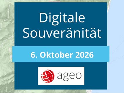 Poster mit dunkelblauem Hintergrund und dem Titel "Digitale Souveränität", darunter ein hellblaues Band mit "6. Oktober 2026". Unten befindet sich ein weißes Kästchen mit rotem Globus und dem Schriftzug "ageo".