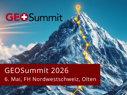 Logo GEO Summit links oben, schneebedeckter Berg mit gelber Aufstiegsroute zum Gipfel und einem Standortpin am Gipfel; unten roter Banner mit GEO Summit 2026, 6. Mai, FH Nordwestschweiz, Olten.